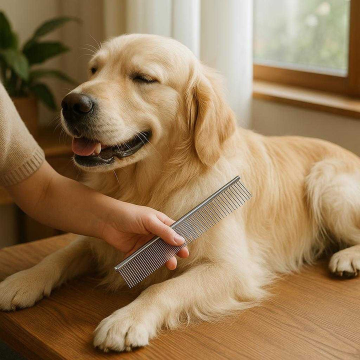 Hundekam i Rustfrit Stål - Dobbeltsidet Kam til Udredning, Løs Pels og Underuld i Sølvfarvet Metal: A realistic grooming station in a cozy home setting where the comb is properly grounded on a wooden table, being actively used by a person holding it to gently comb through the thick fur of a relaxed golden retriever.