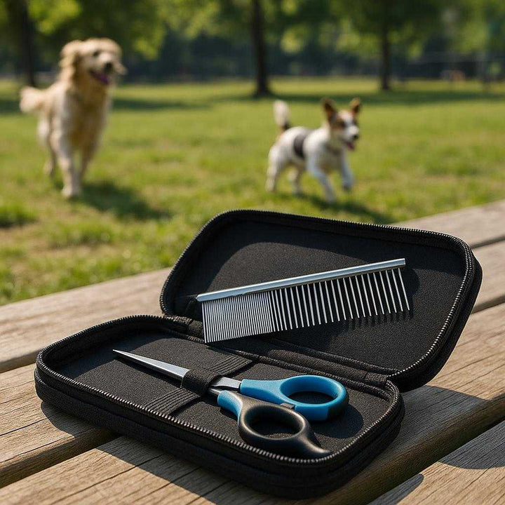 Hundekam i Rustfrit Stål - Dobbeltsidet Kam til Udredning, Løs Pels og Underuld i Sølvfarvet Metal: A different realistic outdoor park setting where the comb is securely positioned in a pet grooming kit placed on a picnic bench.