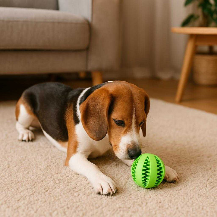 Hundelegetøjsbold i farverig gummi - Ideel til leg, træning og tandrensning - Tilgængelig i 5 farver og 2 størrelser: A different realistic living room setting where the colorful rubber dog toy ball is securely positioned on a cozy rug, being curiously examined by a playful dog, with proper physics, shadows, and realistic integration into the home environment, showing the dog's interest in playing.