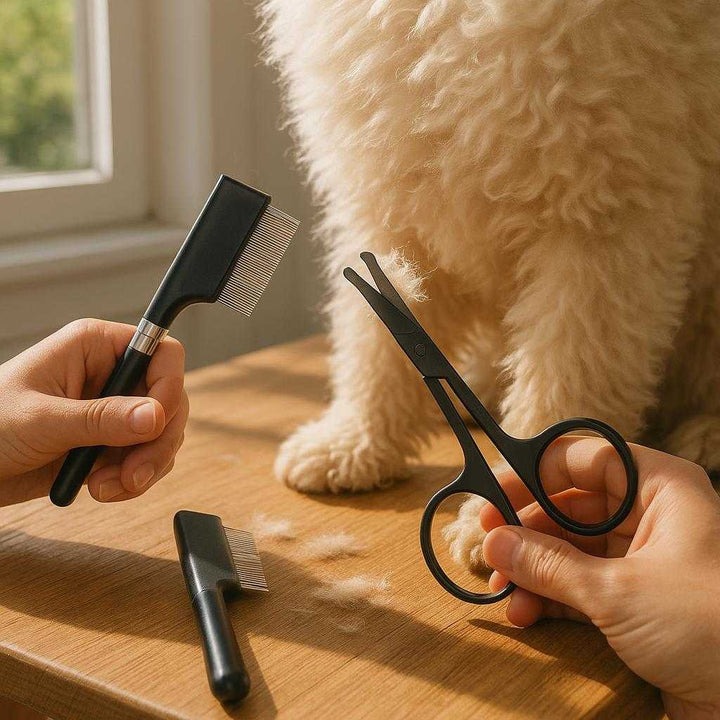 Hundesaks Buet med Præcisionsblad - Komplet Hundesakse Sæt i Sort og Sølv: A realistic home grooming setting where the Hundesaks Buet med Præcisionsblad is properly grounded on a wooden grooming table, being actively used by a person trimming a fluffy dog's fur.