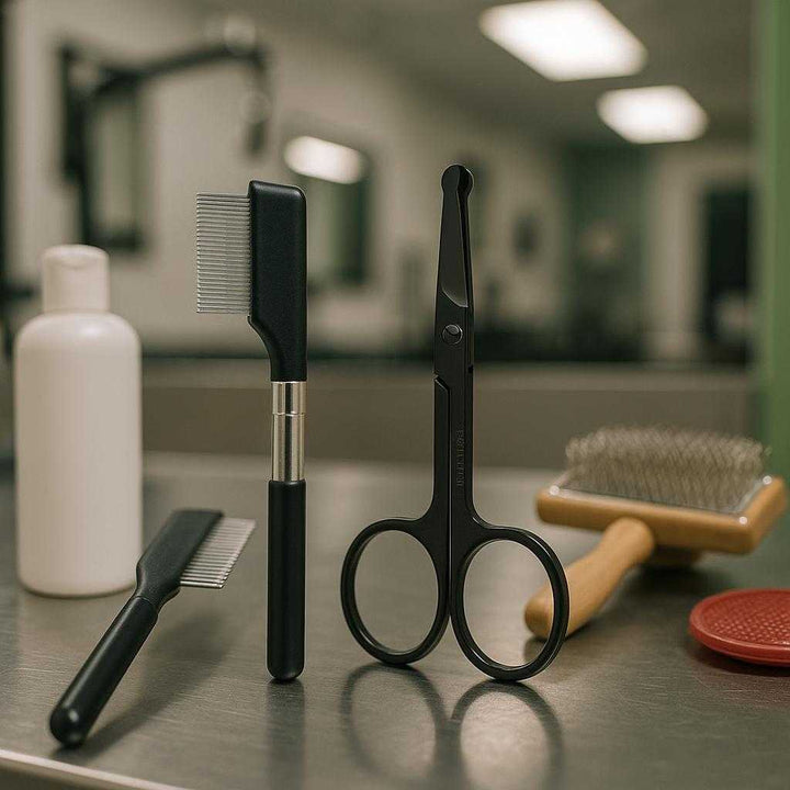 Hundesaks Buet med Præcisionsblad - Komplet Hundesakse Sæt i Sort og Sølv: A different realistic pet grooming salon setting where the Hundesaks Buet med Præcisionsblad is securely positioned on a sleek metallic counter, naturally placed beside various grooming tools.