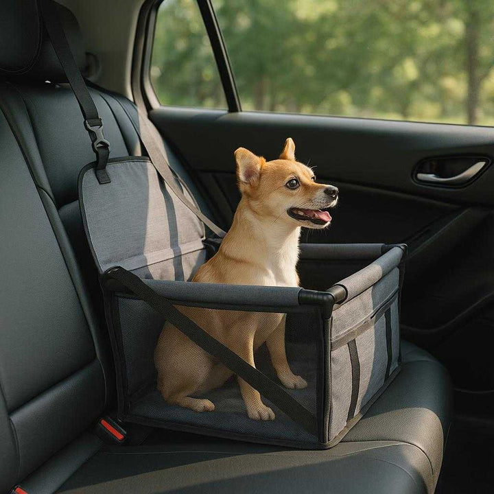 Hundesæde til bil - Foldbar, Vandtæt og Sikker - Grå og Sort Farve: A realistic car interior where the Hundesæde til bil is properly grounded on the back seat, securely fastened with a seatbelt.