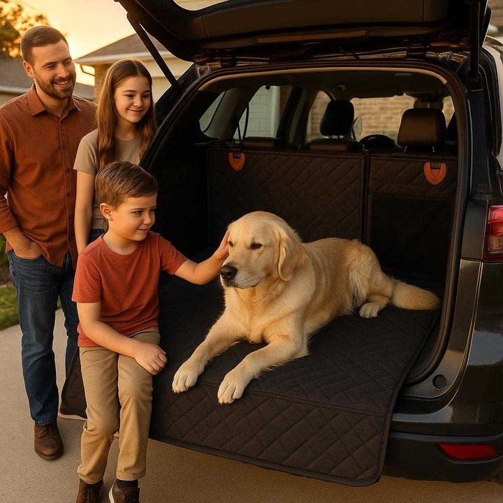 Hundesædeovertræk til bil - Vandtæt, ridsefast og skridsikker i sort og grå: A different realistic setting in a family driveway where the dog seat cover is securely positioned in the back of an SUV with the tailgate open.