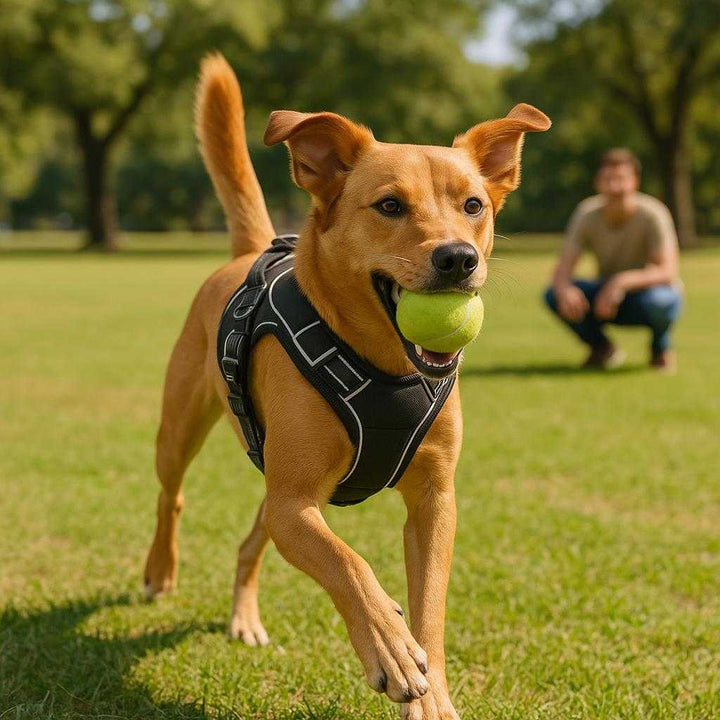 Hundesele med Ergonomisk Design og Reflekterende Detaljer i S, M, L, XL - Høj Kvalitet til Komfort og Sikkerhed: A realistic park setting where the dog harness is properly grounded on a grassy field, being actively used by a medium-sized dog running joyfully while playing fetch with its owner.