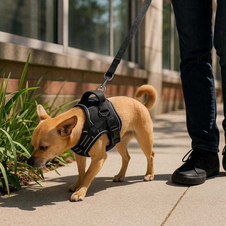 Hundesele med Ergonomisk Design og Reflekterende Detaljer i S, M, L, XL - Høj Kvalitet til Komfort og Sikkerhed: A different realistic urban sidewalk setting where the dog harness is securely positioned on a smaller dog walking calmly beside its owner on a sunny day.