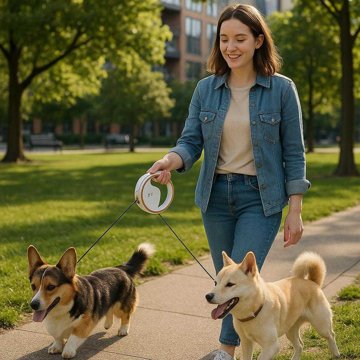 Hundesnor i Høj Kvalitet med Komfortabelt Greb og Fleksibilitet til 2 Hunde i Læder: A realistic urban park setting where the product is properly grounded in a person's hand, actively being used to walk two playful dogs.