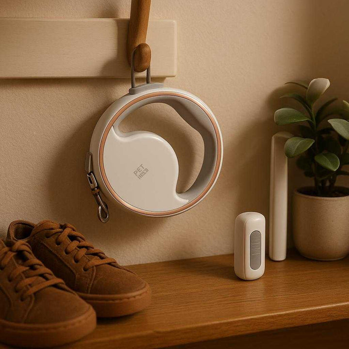 Hundesnor i Høj Kvalitet med Komfortabelt Greb og Fleksibilitet til 2 Hunde i Læder: A different realistic home setting where the product is securely positioned on a hallway shelf or hook, naturally placed as part of the entrance decor.