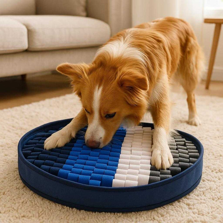 Hundesnusemåtte i Moderne Design - Interaktiv Fodring og Leg i Blå, Hvid og Grå Farver: A realistic indoor living room setting where the product is properly grounded on a cozy, plush rug, being actively interacted with by a playful dog using its paws and nose to explore the snuffle mat.