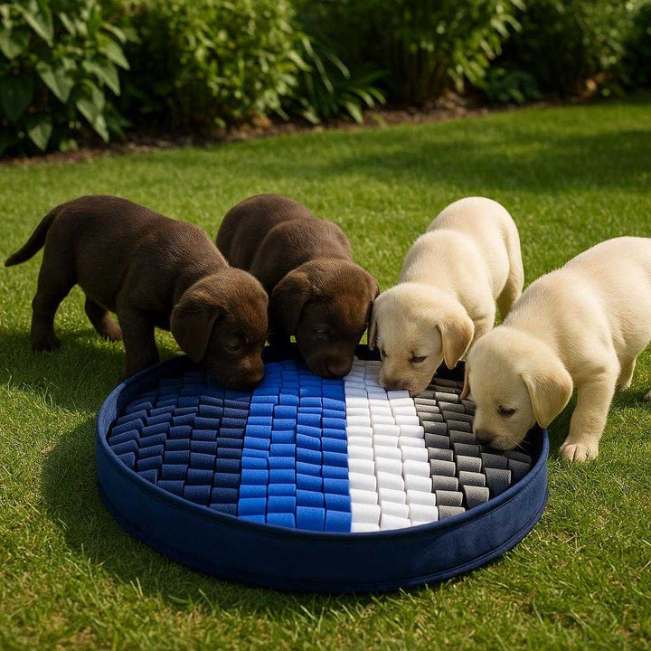 Hundesnusemåtte i Moderne Design - Interaktiv Fodring og Leg i Blå, Hvid og Grå Farver: A different realistic outdoor garden setting where the product is securely positioned on a neatly trimmed lawn, surrounded by greenery.