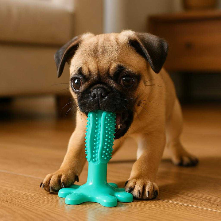 Hundetandbørste med sugebase - Interaktiv tyggebørste til tandrens og tandkødsmassage i flere farver: A realistic living room setting where the product is properly grounded on a wooden floor, being actively used by a small dog.