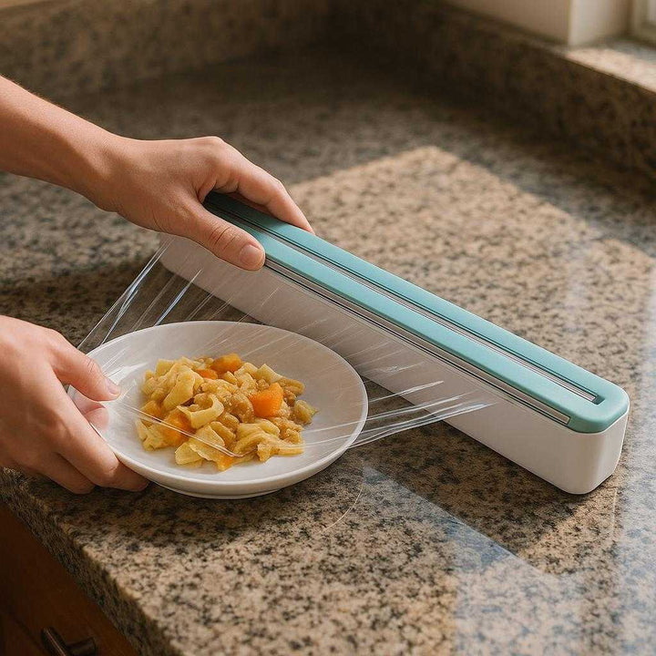 Husholdningsfilm Dispenser i Høj Kvalitet - Avanceret Skærer og Opbevaring, Kompakt Design: A realistic kitchen counter setting where the Husholdningsfilm Dispenser is properly grounded on a granite countertop, being actively used by a pair of hands wrapping leftovers.