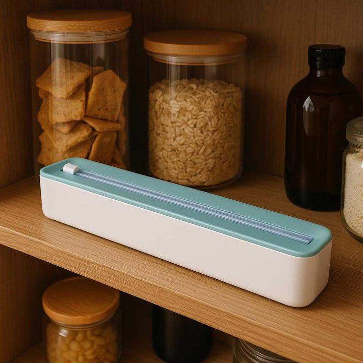 Husholdningsfilm Dispenser i Høj Kvalitet - Avanceret Skærer og Opbevaring, Kompakt Design: A different realistic pantry setting where the Husholdningsfilm Dispenser is securely positioned on a wooden shelf, naturally placed alongside various kitchen storage containers.