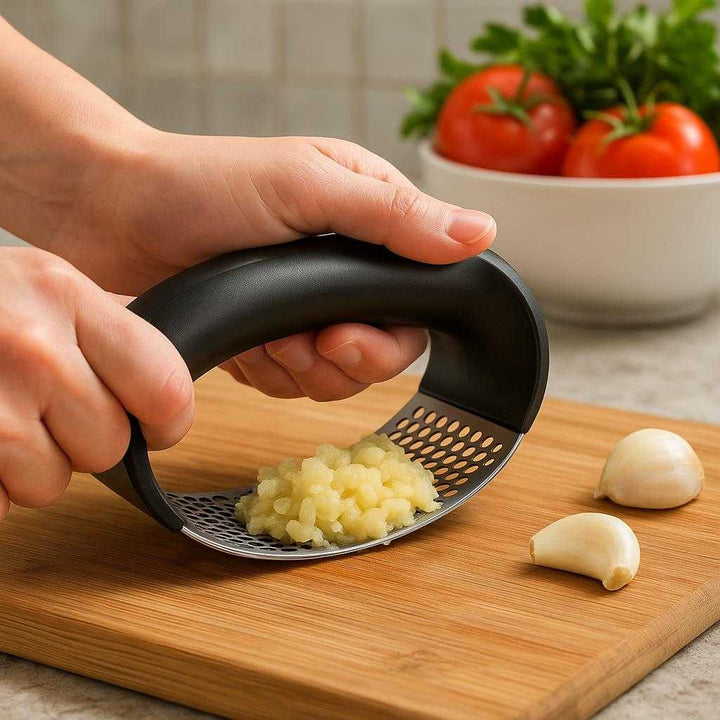 Hvidløgspresser i Rustfrit Stål med Ergonomisk Buegreb - Professionel og Moderne Design: A realistic home kitchen setting with the product properly grounded on a wooden cutting board, being actively used by a pair of hands to crush garlic cloves.
