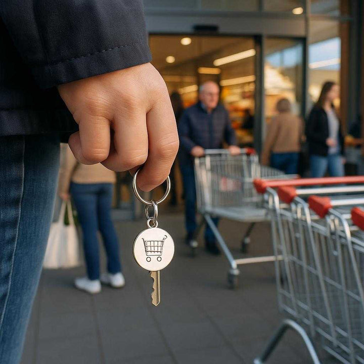 Indkøbsvognsmønt i sølvfarvet, moderne design - Praktisk, genanvendelig og nem at bære. A bustling supermarket entrance during the day, with a shopper reaching for their keys, the silver shopping cart coin prominently attached, as they approach a row of shopping carts. Soft natural light highlights the coin's reflective surface. Nearby, fellow shoppers are seen engaging in typical entry activities, adding liveliness and context to the scene.