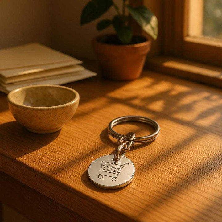 Indkøbsvognsmønt i sølvfarvet, moderne design - Praktisk, genanvendelig og nem at bære. Inside a cozy home setting, the shopping cart coin rests neatly on a wooden entryway table next to a small decorative bowl. Sunlight streams through a nearby window, casting warm, inviting shadows across the scene. A mail stack and a potted plant are subtly present, suggesting everyday organization and routine.