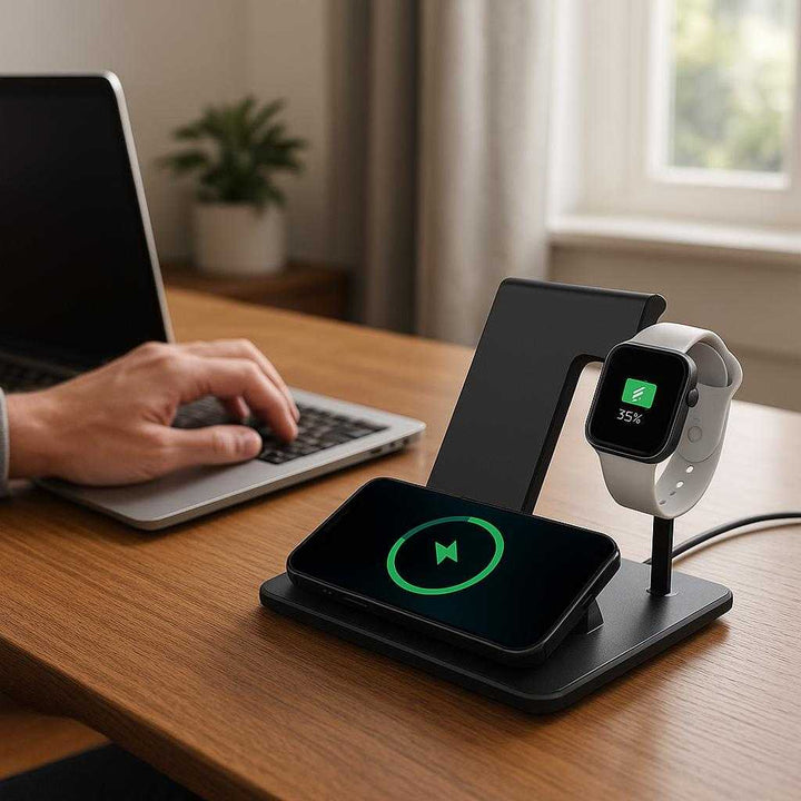 Innovativt Smart Home System med Avanceret Teknologi og Nem Integration til Fremtidens Hjem: A realistic home office setting where the product is properly grounded on a sleek wooden desk, being actively used to wirelessly charge a smartphone and a smartwatch.