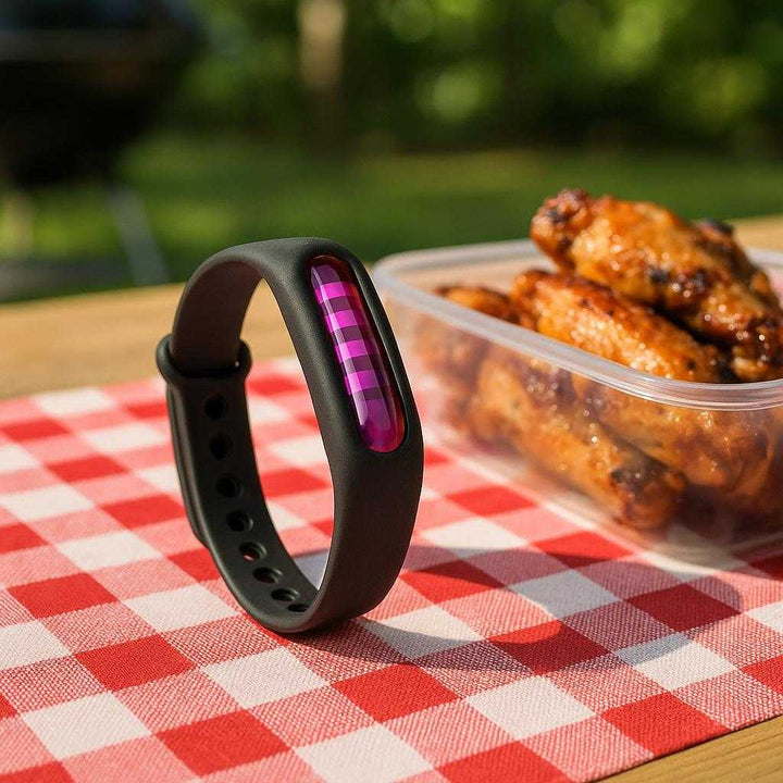 Insektafvisende Silikone Armbånd - Moderne og Praktisk Beskyttelse mod Myg og Insekter - Tilgængelig i Sort, Orange og Gul: A different realistic backyard barbecue setting where the product is securely positioned on a picnic table next to a container of food, indicating its use as an insect deterrent.
