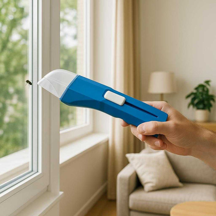 Insektfanger med teleskopisk greb - Effektiv og praktisk løsning i tre farver. In a bright and airy living room, a person confidently uses the insect catcher to gently capture a fly buzzing near an open window, showcasing its efficiency and ease of use in maintaining a peaceful home environment.