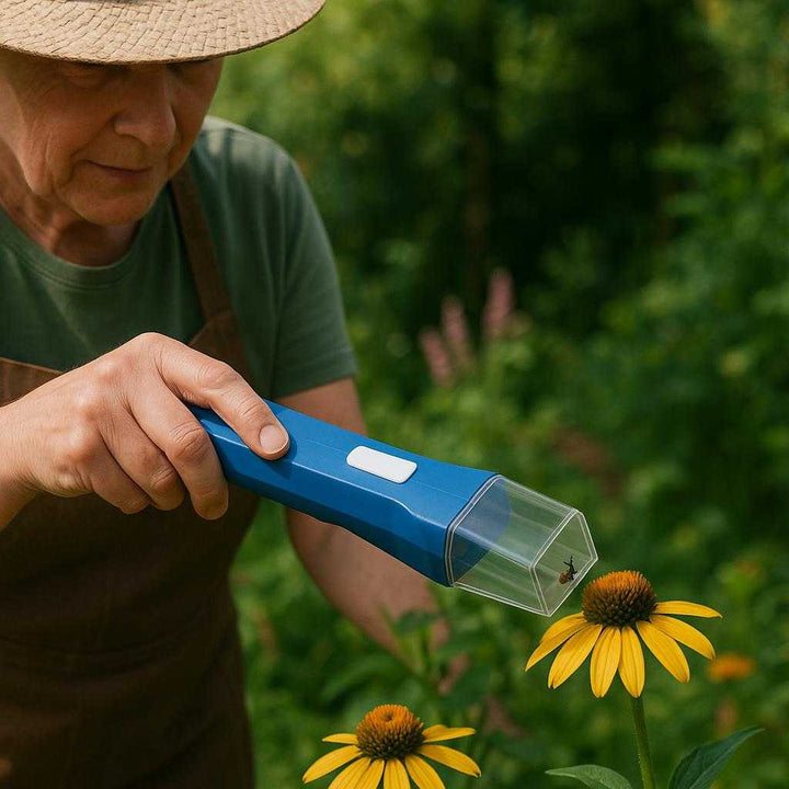 Insektfanger med teleskopisk greb - Effektiv og praktisk løsning i tre farver. In a serene outdoor garden setting, the insect catcher is skillfully used by a gardener to safely relocate an insect from a vibrant flowering plant, highlighting its practicality and gentle approach to insect removal.