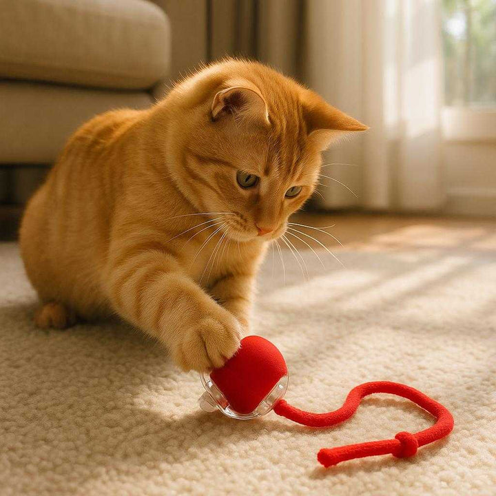 Interaktiv bold til kat - Farverig, gennemsigtig og stimulerende legetøj til aktivitet og underholdning: A realistic living room setting where the interactive cat ball is properly grounded on a soft carpet, being actively played with by an enthusiastic cat.