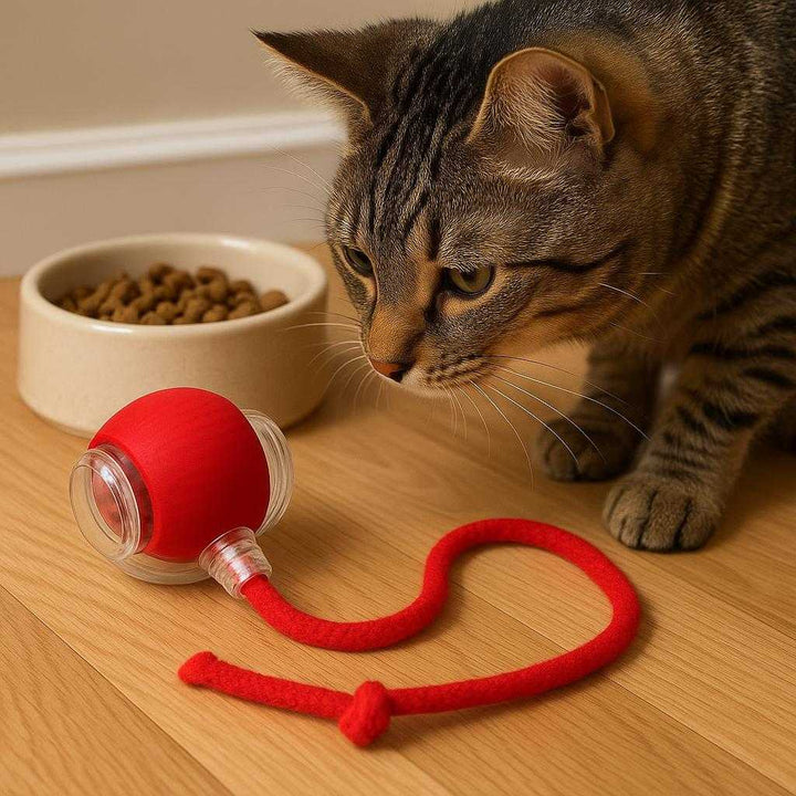 Interaktiv bold til kat - Farverig, gennemsigtig og stimulerende legetøj til aktivitet og underholdning: A different realistic kitchen scene where the interactive cat ball is securely positioned on a smooth wooden floor.