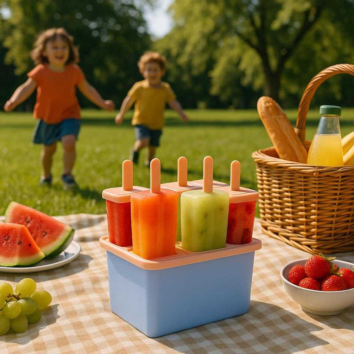 Ispindeform i moderne design - Lav dine egne ispinde nemt og hurtigt - 6 rum - Blå og Rosa. A vibrant outdoor summer picnic scene in a lush, green park. The ice mold, now opened with colorful fruit popsicles sticking out, is placed on a picnic blanket. Nearby, cheerful children are playing, and a picnic basket filled with snacks and a bottle of lemonade enhances the summery feel. The sunlight casts soft shadows, creating a warm, inviting atmosphere.