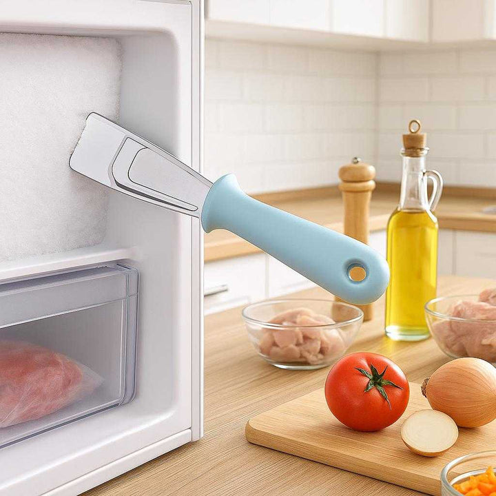 Isskraber med ergonomisk greb og rustfrit stål - Perfekt til bilen og fryseren. An organized kitchen, where the isskraber with ergonomic grip and stainless steel blade is lying next to an open freezer. It's being used to remove built-up frost from the freezer walls, illustrating its utility in appliance maintenance. Bright kitchen lighting highlights the scraper’s sleek, modern design. Nearby, assorted ingredients wait to be prepared, emphasizing an environment of efficiency and cleanliness.