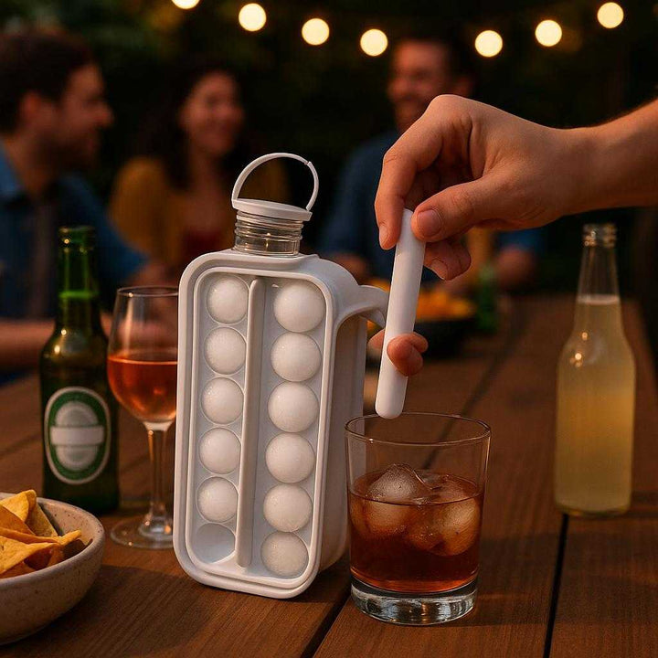 Isterningbakke med låg og skubber – Fleksibel silikoneform til nem udtagning, perfekt til både hverdag og fest: A different realistic party setting where the ice tray is securely positioned on a wooden outdoor picnic table surrounded by drinks and snacks in a lively gathering.