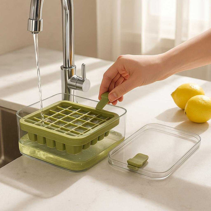 Isterningbakker med praktisk låg og 32 terninger - Tilgængelig i Grøn, Gul og Lilla: A realistic kitchen countertop setting where the ice cube tray with lid is placed firmly on a marble surface, being actively used by a person's hand to fill it with water from a stainless steel faucet.