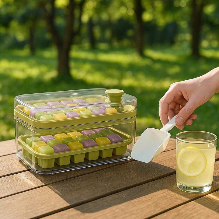 Isterningbakker med praktisk låg og 32 terninger - Tilgængelig i Grøn, Gul og Lilla: A different realistic picnic setting where the ice cube tray with lid is placed securely on a wooden picnic table, filled with colorful ice cubes that match the green, yellow, and purple color scheme.