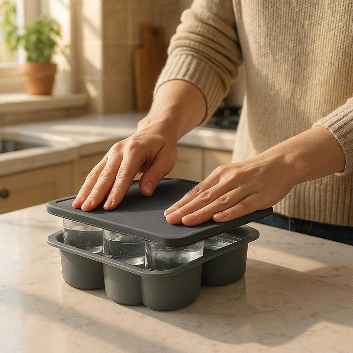 Isterningsbakke i moderne design - Skaber store, cylinderformede isterninger med nem frigivelse: A realistic kitchen setting where the ice cube tray is properly grounded on a marble countertop, being actively used by a person who is carefully placing the silicone lid on the tray after filling it with water.