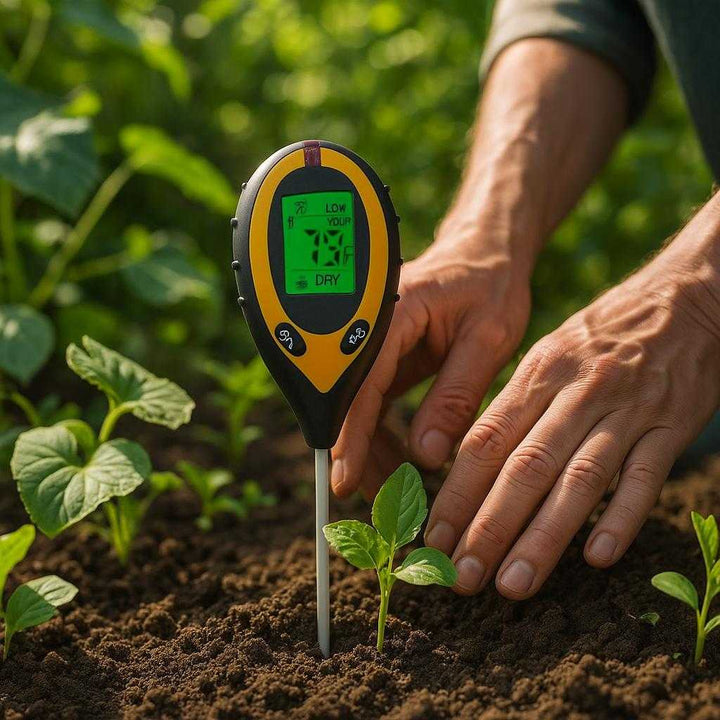 Jordtester med 4-i-1 funktionalitet – Måler fugt, pH, lys og temperatur med digital skærm og sonde: A realistic garden setting where the product is properly grounded in rich, brown soil, being actively used by a gardener's hands surrounded by various growing plants.