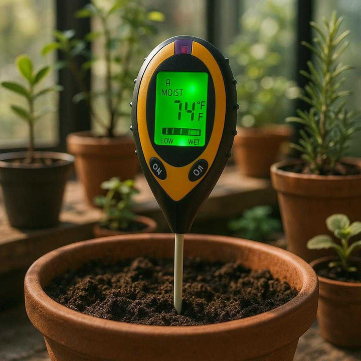 Jordtester med 4-i-1 funktionalitet – Måler fugt, pH, lys og temperatur med digital skærm og sonde: A different realistic indoor setting in a greenhouse where the product is securely positioned in a large pot filled with moist soil.