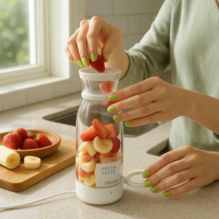 Juicer: Bærbar Elektrisk med Genopladeligt Batteri - Trådløs Mini Blender til Smoothies og Juice i 5 Farver: A realistic kitchen countertop setting where the juicer is properly grounded on the counter, being actively used by a person preparing a fresh smoothie.