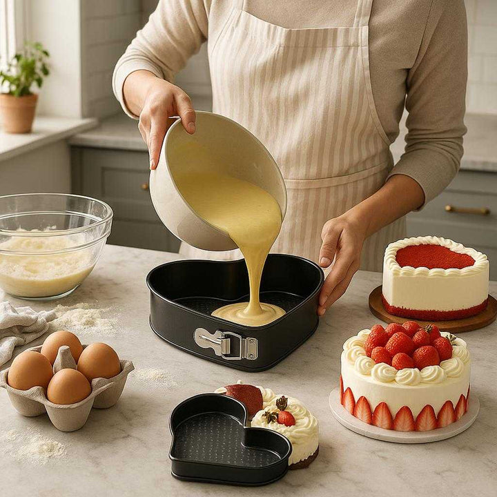 Jule bage sæt i metal med non-stick og fjederlås - Tredelt Jakkesæt: A realistic kitchen setting where the product is properly grounded on a marble countertop, being actively used by a person.