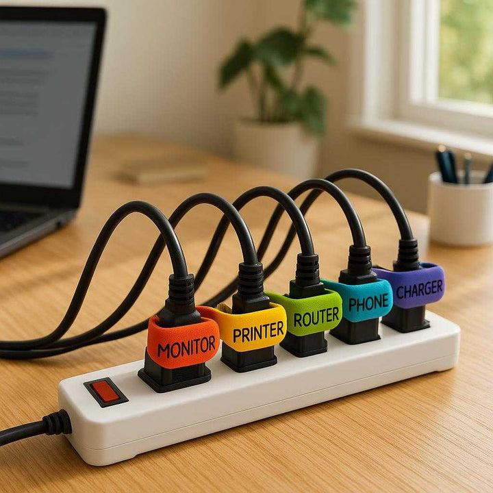 Kabel bindere MultiColor i stof, velcrobånd og plastik - Let identificering, farvekodning, genanvendelig: A realistic home office setting where the product is properly grounded on a wooden desk, being actively used to organize and color-code a bundle of computer cables and phone chargers.