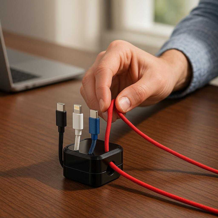 Kabelholder med magnetisk base - Sort og Hvid - Organiser kablerne på dit skrivebord effektivt: A realistic modern office setting where the cable holder with a magnetic base is properly grounded on a sleek wooden desk, being actively used by a person organizing various colored charging cables.