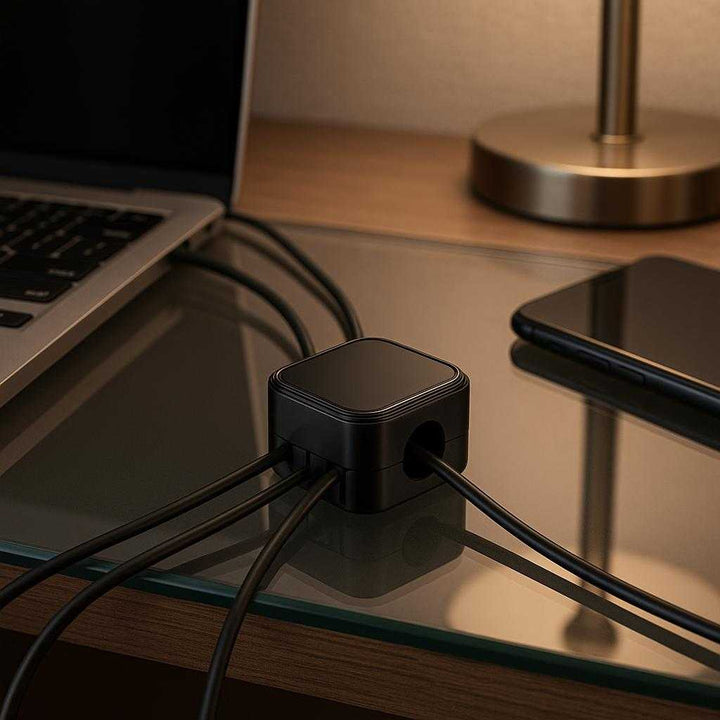 Kabelholder med magnetisk base - Sort og Hvid - Organiser kablerne på dit skrivebord effektivt: A different realistic home workspace setting where the cable holder is securely positioned on a glass tabletop, naturally placed near a laptop and a smartphone.