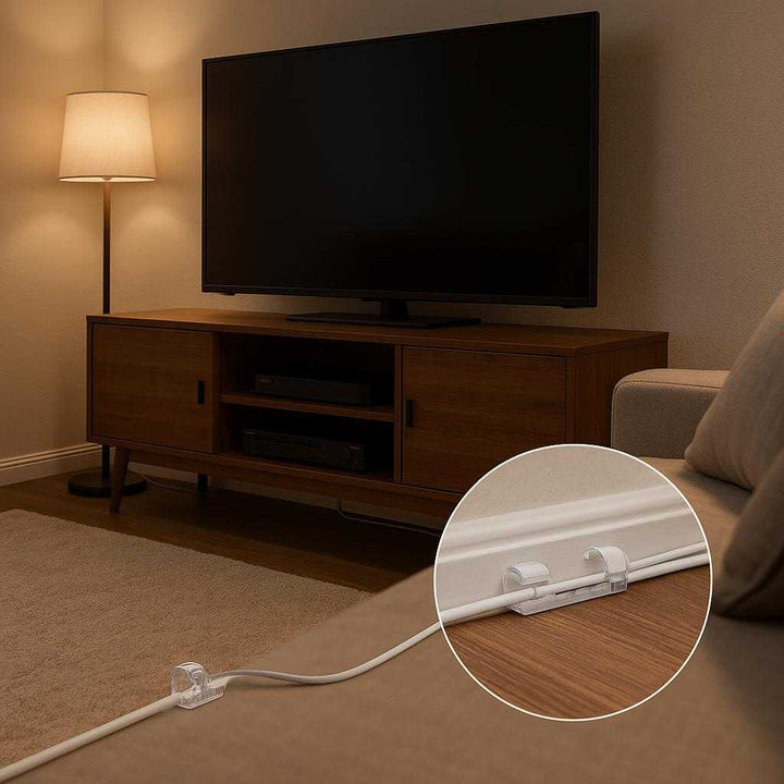 Kabelklemmer i klar plast - Effektiv ledningsføring og organisering i hjemmet. A cozy living room entertainment area, where the cable clip holds television wires discreetly along the baseboard, preventing any clutter. A stylish TV console holds other media devices, with a soft rug and comfortable couch in the background. The room is lit by soft ambient lighting, highlighting the seamless integration of the clip into the home's decor and enhancing the sense of a well-organized and inviting space.