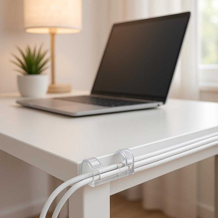 Kabelklemmer i klar plast - Effektiv ledningsføring og organisering i hjemmet. A modern home office, where the clear plastic cable clip is neatly securing a series of computer cables along the edge of a white desk. The workspace is tidy and organized, with a sleek laptop, a potted plant, and a soft desk lamp casting a warm glow. Sunlight from a nearby window highlights the transparency and unobtrusiveness of the clip, creating an atmosphere of calm efficiency and style.