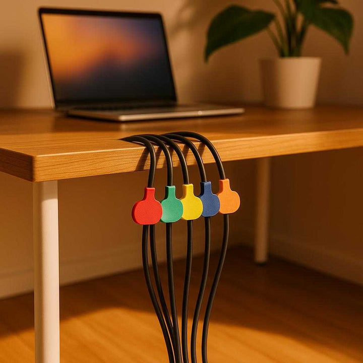 Kabelmærker - 16 stk. i forskellige farver til nem identifikation og organisering: A vibrant home office setting, where the cable markers in various colors such as red, green, yellow, dark blue, orange, and blue are neatly clipped onto a cluster of computer cords, organizing the chaos under a sleek wooden desk.