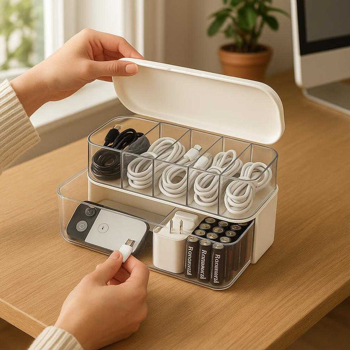 Kabelorganisatorboks i plastik og akryl, Cremegul & Cremehvid, medium størrelse: A realistic home office setting where the Kabelorganisatorboks is properly grounded on a wooden desk, being actively used by a person organizing various cables and electronic accessories.