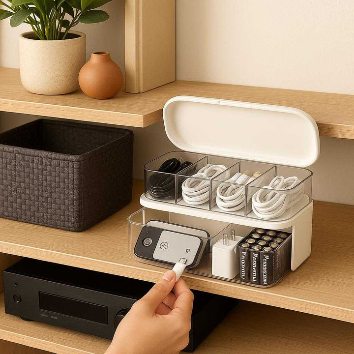 Kabelorganisatorboks i plastik og akryl, Cremegul & Cremehvid, medium størrelse: A different realistic living room setting where the Kabelorganisatorboks is securely positioned on a sleek modern shelf, being naturally placed among other decorative items and storage solutions.