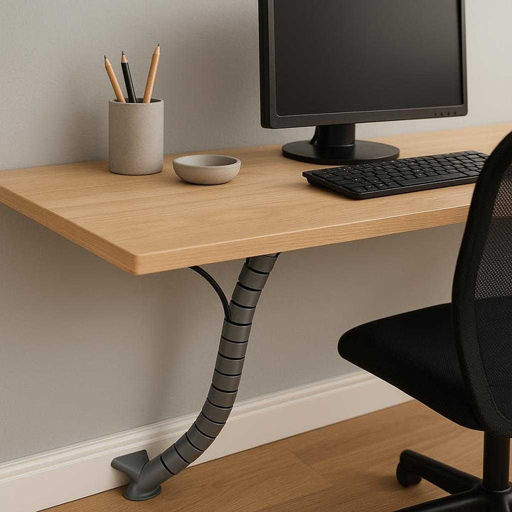 Kabelstyring – Fleksibel Kabelsok i Grå og Sort Plast til Effektiv Ledningsskjul. Generate a lifestyle image that should match environment with for this product 'Kabelstyring – Fleksibel Kabelsok i Grå og Sort Plast til Effektiv Ledningsskjul' with features , make it look realistic properly placed for usage and very well integrated in the environment