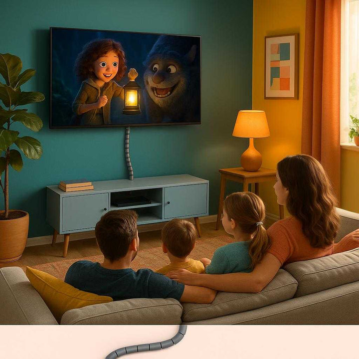 Kabelstyring – Fleksibel Kabelsok i Grå og Sort Plast til Effektiv Ledningsskjul. In a vibrant living room, the cable sleeve seamlessly conceals wires from a wall-mounted TV, contributing to an immaculate setup where a family enjoys a movie night on a cozy sofa.
