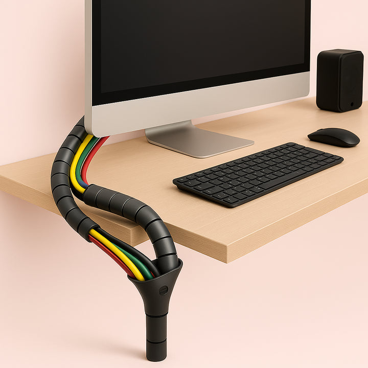 Enhanced Kabelstyring – Fleksibel Kabelsok i Grå og Sort Plast til Effektiv Ledningsskjul. The flexible gray and black cable sock efficiently organizes and conceals a bundle of colorful computer cables behind a modern desk setup, ensuring a neat workspace.