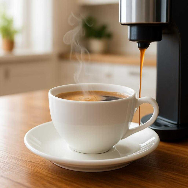 Kaffe: Klassisk Hvid Keramisk Kop og Underkop - Ideel til Kaffemaskine og Kaffekapsler. A close-up of the elegant white ceramic cup and saucer placed on a polished wooden kitchen table, with a steaming espresso pouring from a sleek coffee machine in a bright, modern kitchen setting.