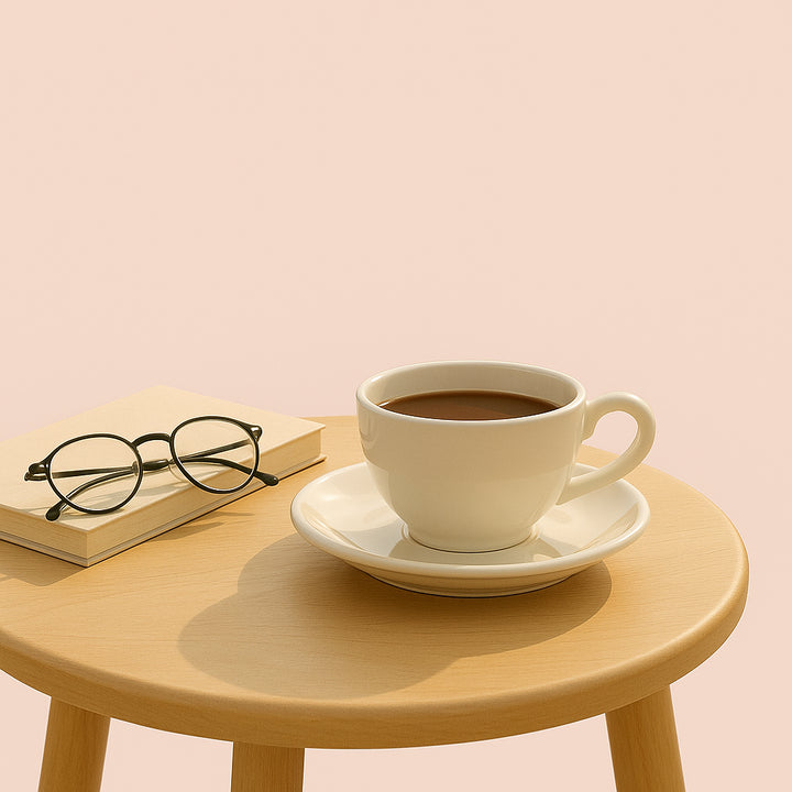 Enhanced Kaffe: Klassisk Hvid Keramisk Kop og Underkop - Ideel til Kaffemaskine og Kaffekapsler. The classic white ceramic cup and saucer sits gracefully on a sunlit balcony table, surrounded by lush green plants, with a book and reading glasses nearby, evoking a serene morning coffee moment.