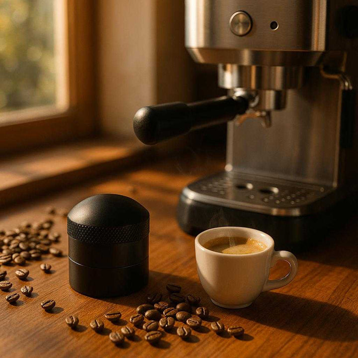 Kaffefordeler med Nåle - Præcis og Jævn Fordeling til Espresso - 54 mm Diameter - Sort Metal: A cozy home kitchen setting, where the Kaffefordeler med Nåle is placed next to an espresso machine.