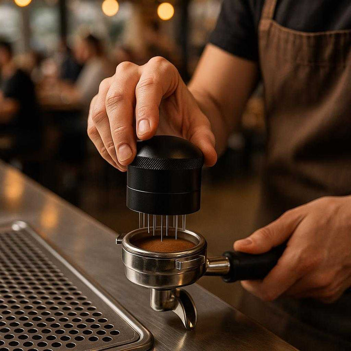 Kaffefordeler med Nåle - Præcis og Jævn Fordeling til Espresso - 54 mm Diameter - Sort Metal: A bustling café environment, where the Kaffefordeler med Nåle is actively being used by a barista.